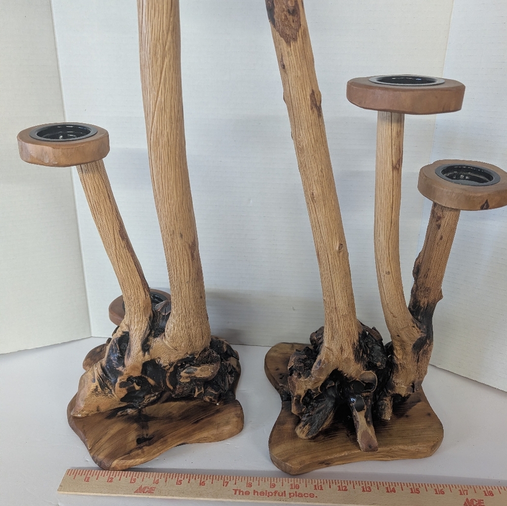 Vintage Candle Holder Wood Rustic Large Set Made Out of Burl-Wood - Picture 7 of 10